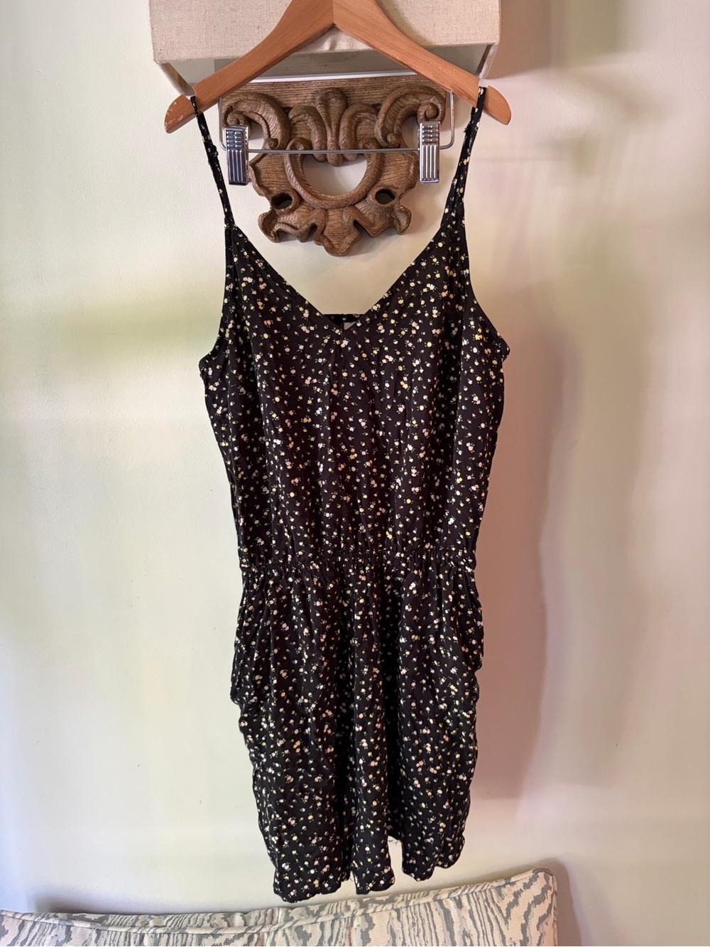 H&M Black Floral V-Neck Romper with Pink and Green Accents